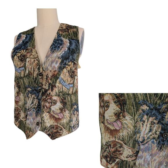 Vintage Tapestry Dog Vets Womens M L 90s Kitch Animal Veternarian Puppy Multi